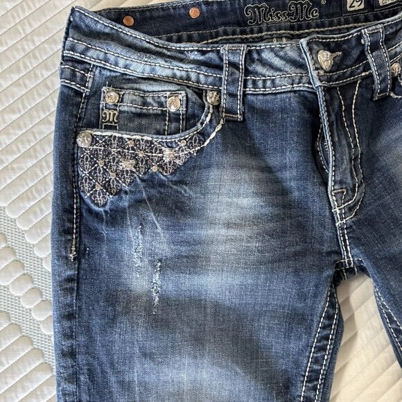 Miss Me JP5810P Cuffed Capri Cropped Blue Denim Jeans Jewel Flap Back Pockets 29 - Picture 3 of 9